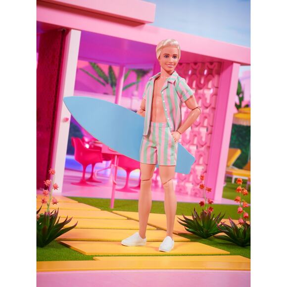 Barbie The Movie Ken Doll Wearing Pastel Striped Beach Matching Set 2023 New - Picture 8 of 10